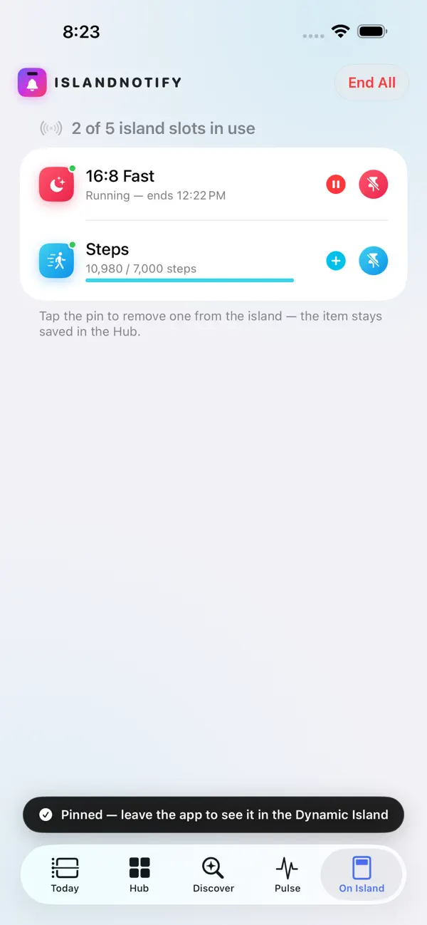 IslandNotify active Dynamic Island pins
