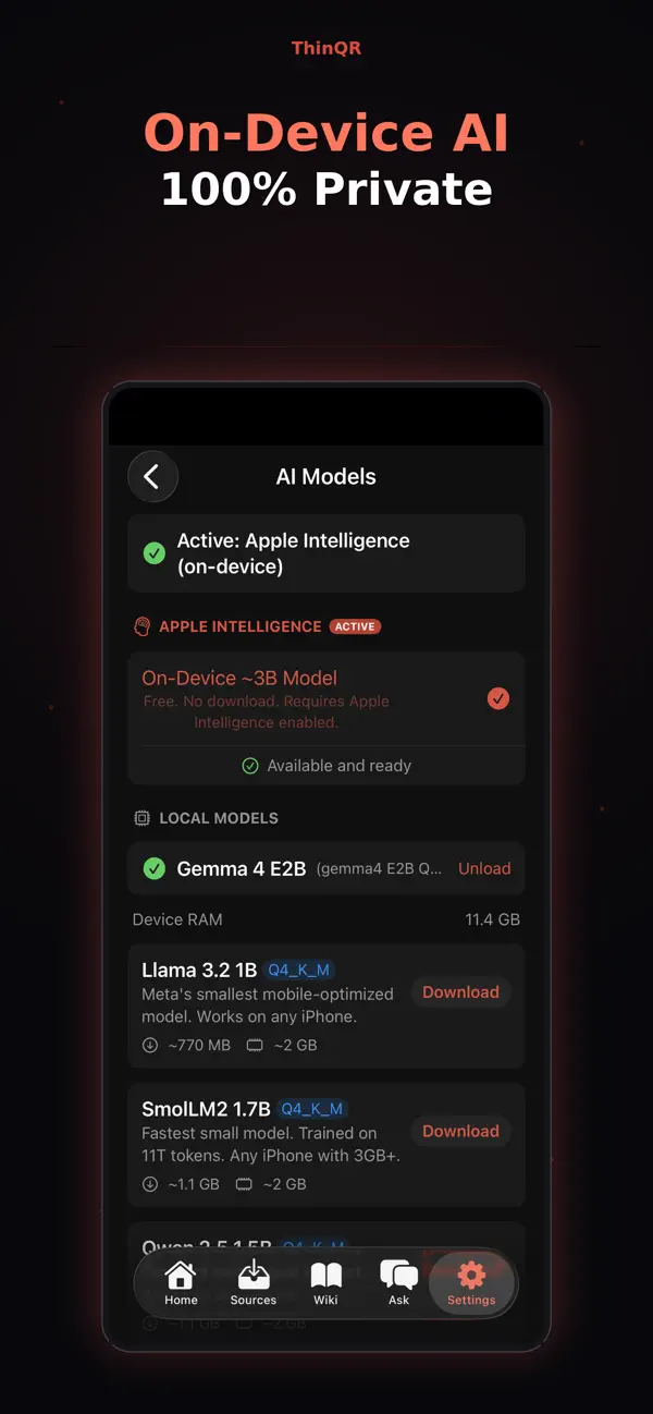 ThinQR AI Models — Apple Intelligence on-device, with downloadable local models
