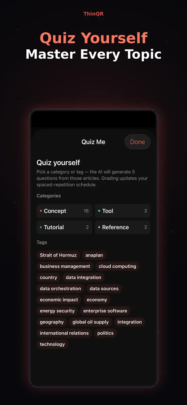 ThinQR Quiz Me — AI-generated quizzes by category and tag