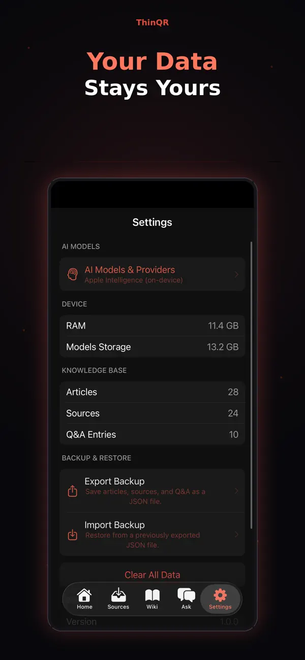 ThinQR settings — your data, models and backups stay on your device